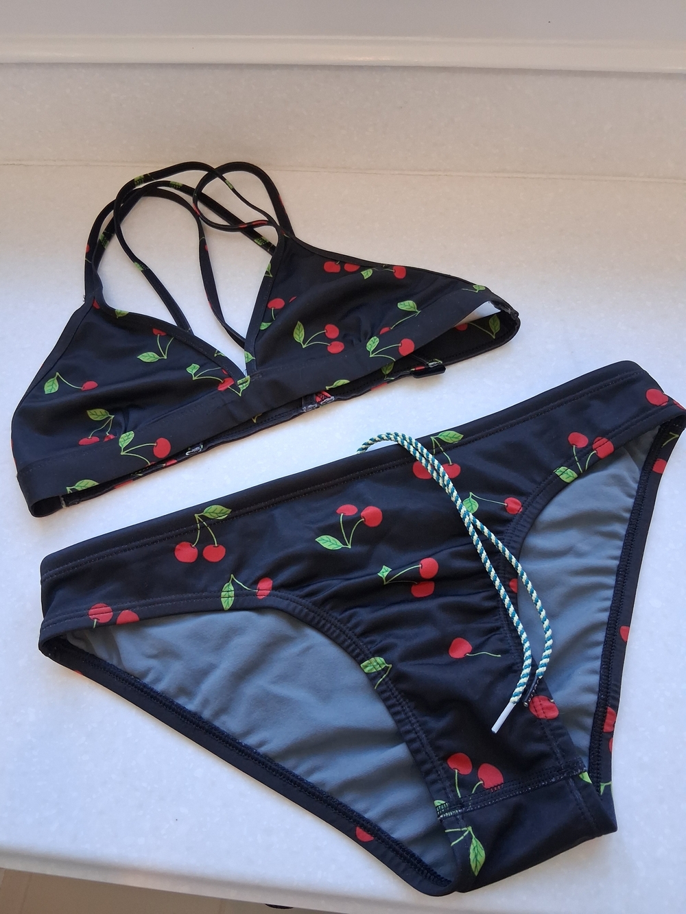 Jolyn Clothing Black Bikini with Red Cherry Print and Green Leaves